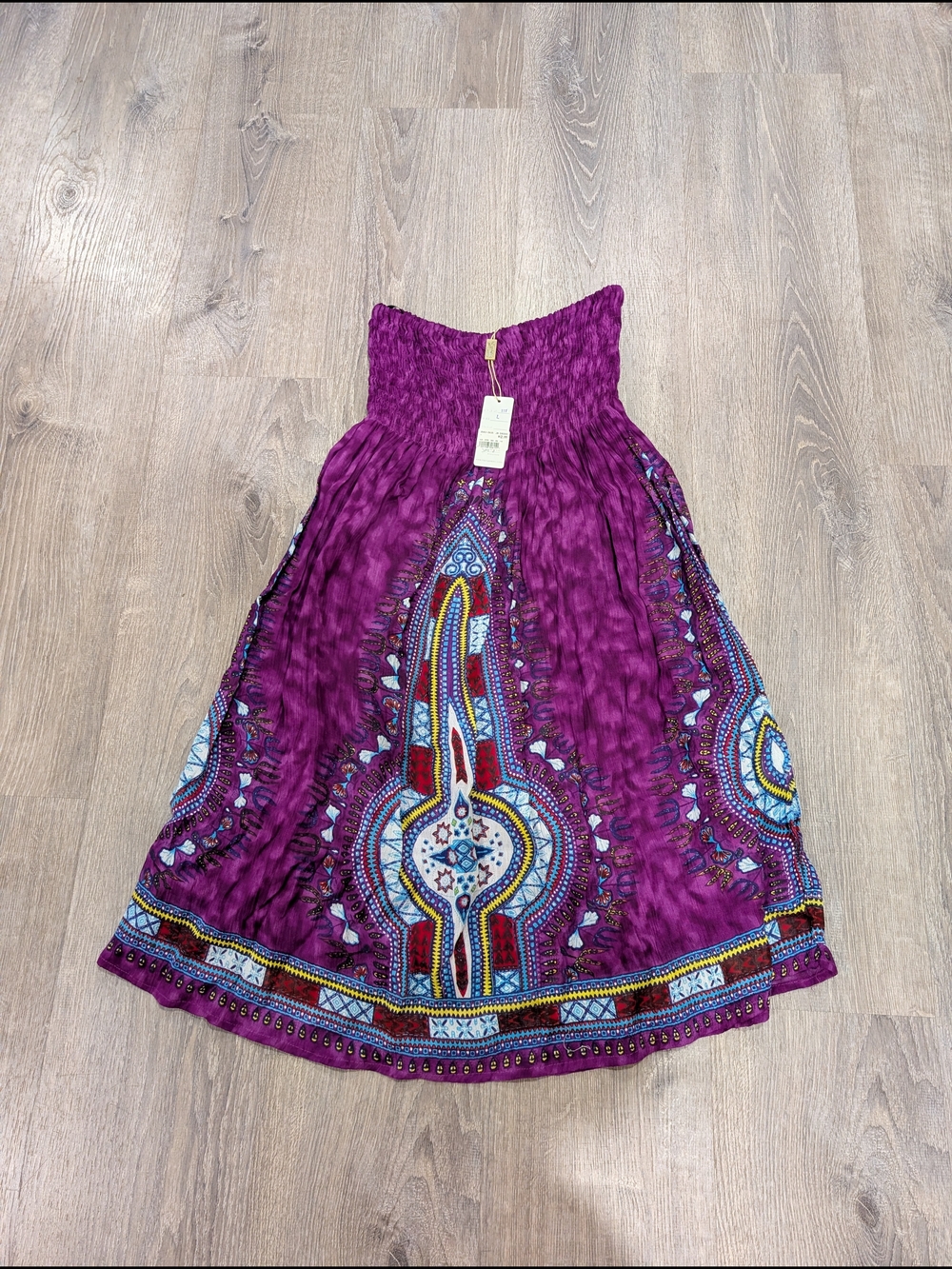 Lapogee Worldover Purple Bohemian Dashiki Smocked Maxi Skirt / Dress NWT L